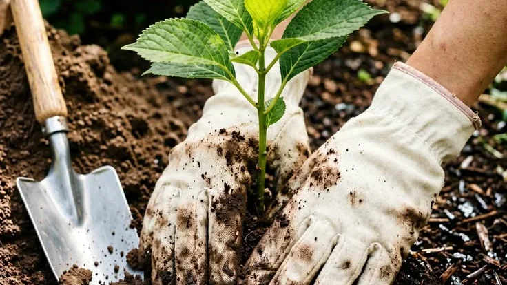 Mains gantées plantant un jeune plant dans une terre paillée, à côté d’un transplantoir.