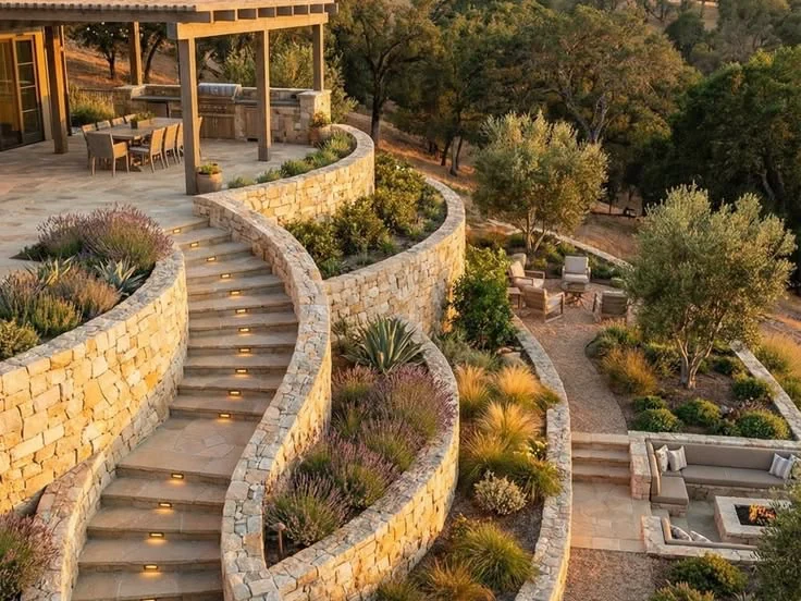Jardin en terrasses avec murets de pierre sèche, escalier en courbe, lavandes, agaves et oliviers, au coucher du soleil.