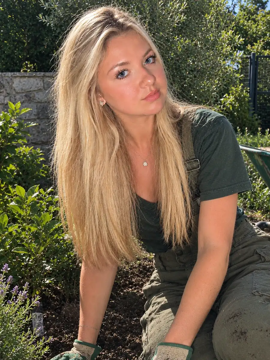 Image générée par IA représentant Célia Douaud, en tenue de jardinage.