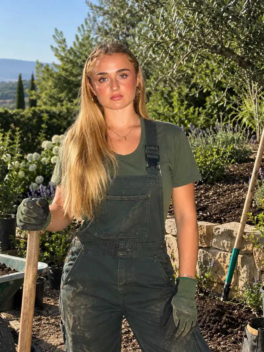 Image générée par IA représentant Marylou Leglise, en tenue de jardinage.