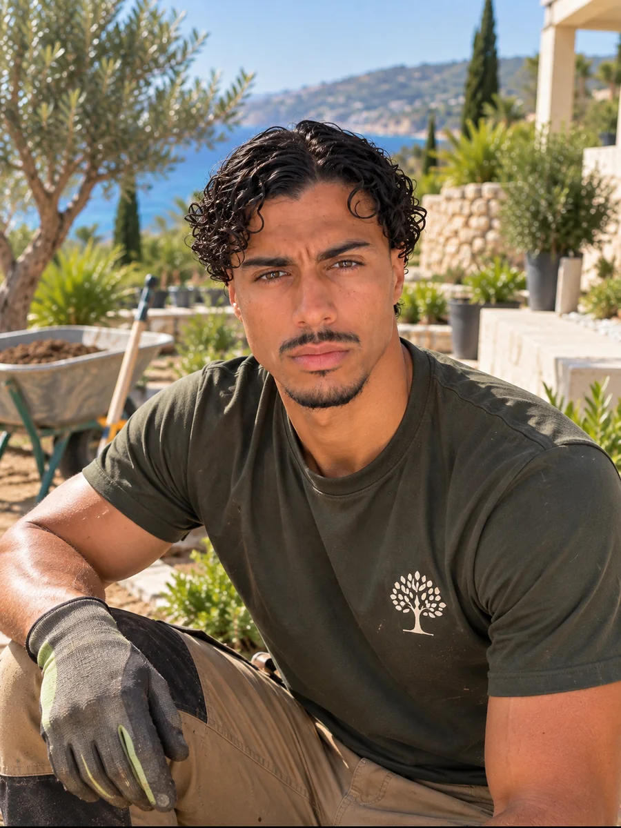 Image générée par IA représentant Samy El Mahiri, en tenue de jardinage.