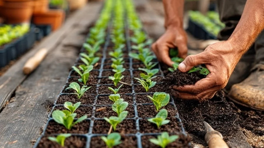 Mains qui repiquent de jeunes plants en plaque alvéolée, à côté d’un transplantoir.
