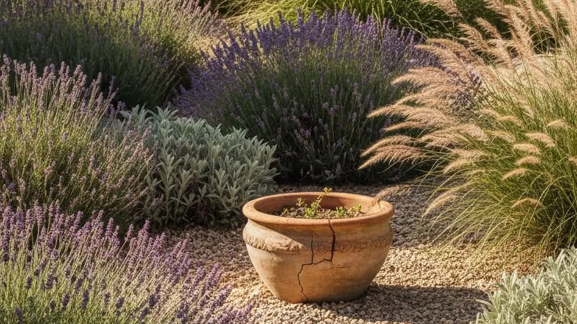 Massifs de lavandes, de graminées et de plantes argentées sur un sol de gravier, autour d’une poterie en terre cuite.